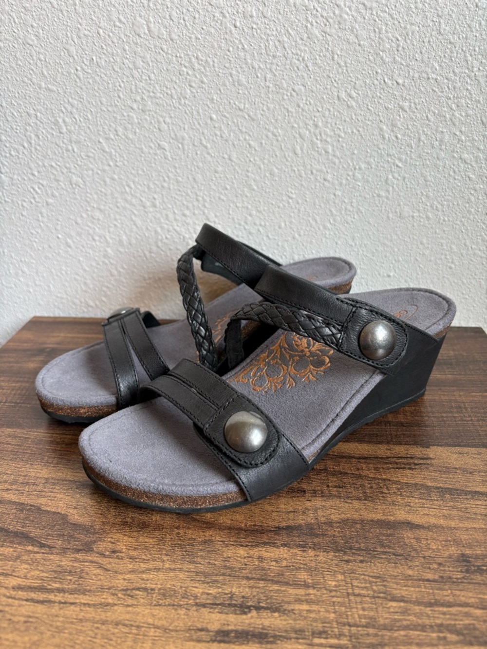 Aetrex Black Braided Leather Wedge Sandals